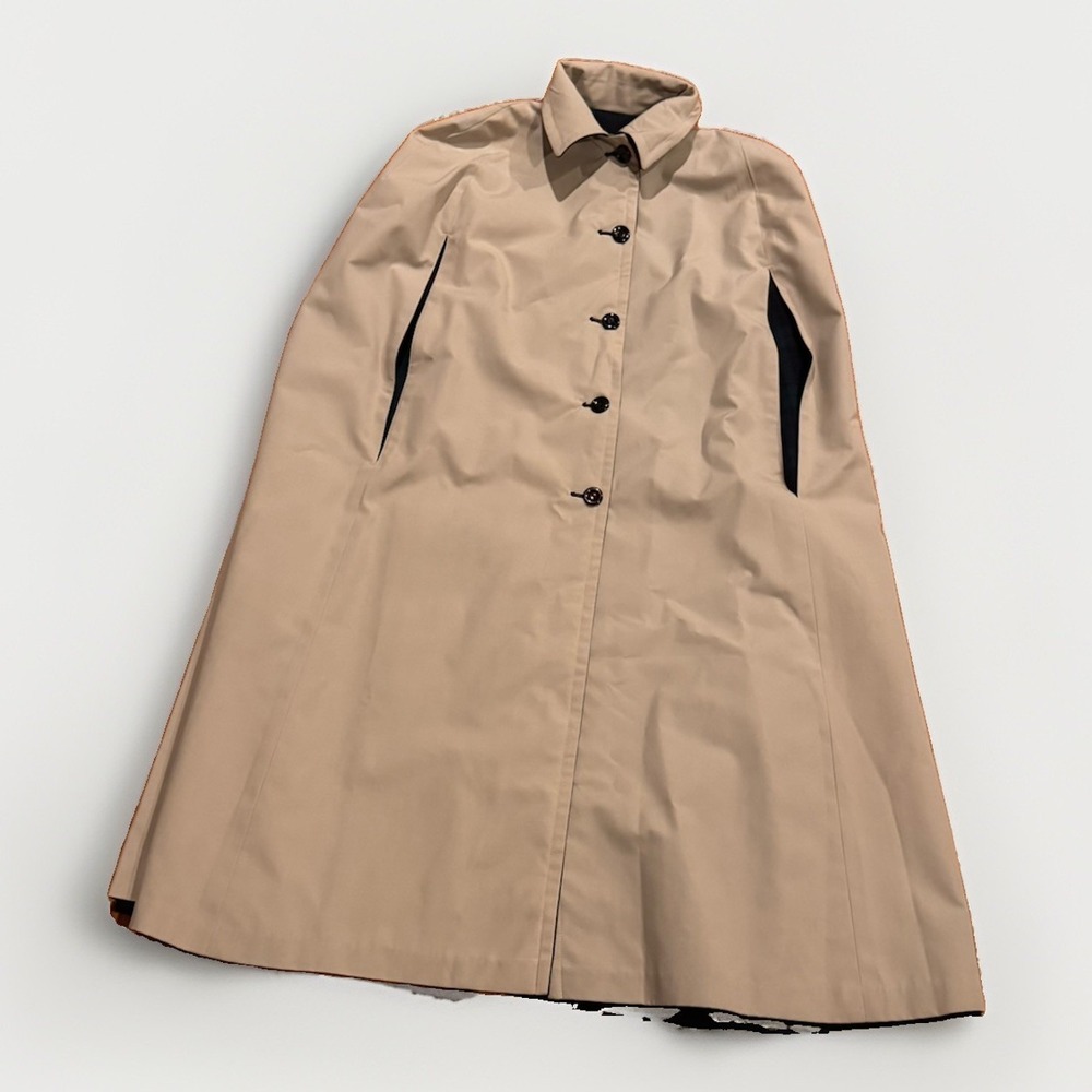 Vintage Tartan Plaid Wool Cape Trench Coat Reversible Tan Canvas Old Money Glam - Picture 4 of 5